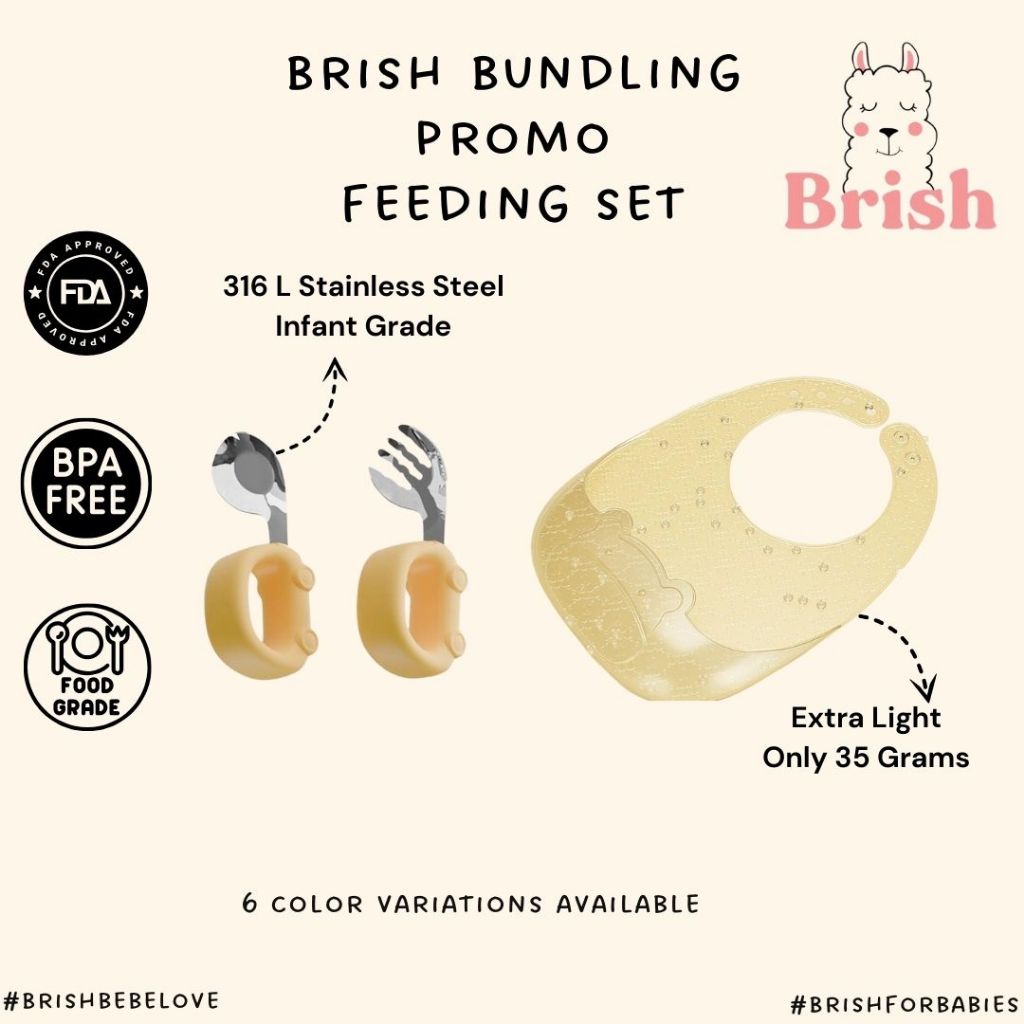 Bundle Feeding Set - Brish Bebe Celemek Makan Bayi Ringan Set Sendok Garpu Stainless SteelBPA Free