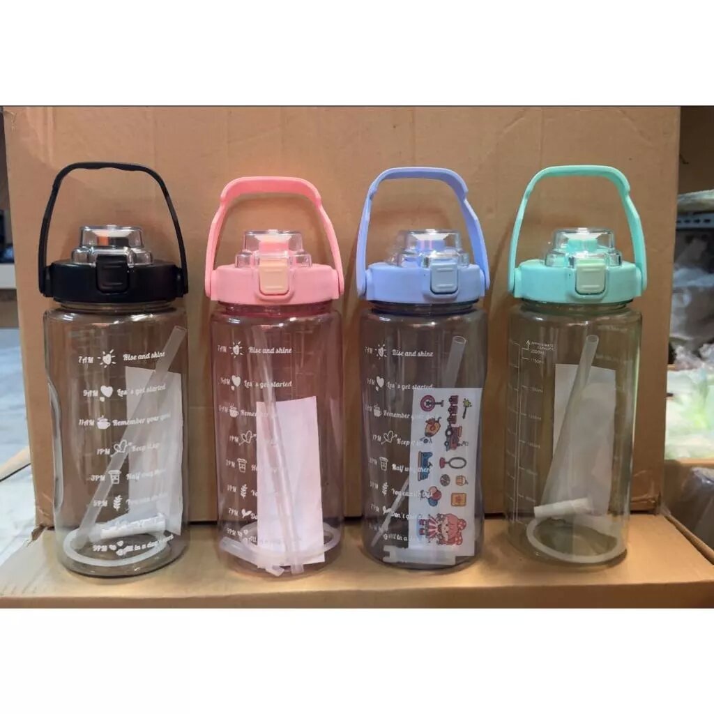 Botol minum Jumbo 2 LITER Motivasi Penanda waktu Tritan Quifit Handle BENING 2000ML - Botol Minum 2L