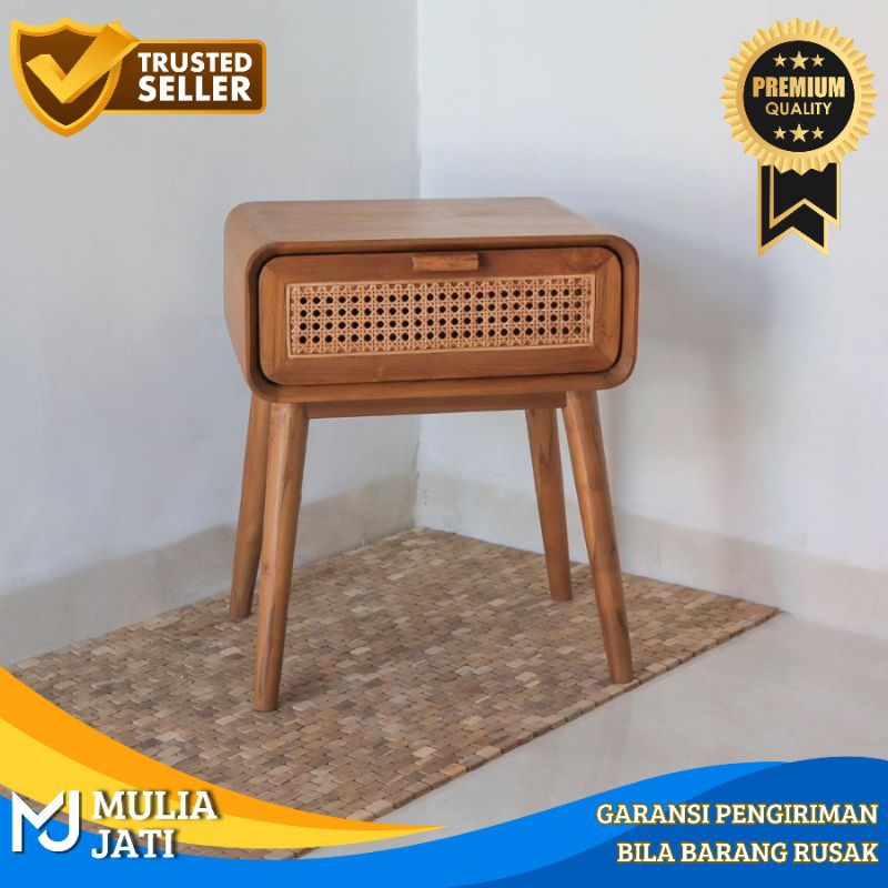 Meja Nakas Minimalis satu laci Jati rotan Alami - Nakas jati laci rotan - Nakas Rotan kayu jati