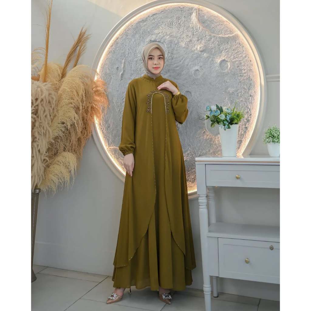 Baju Gamis Ceruty Babydoll Mix Payet Sworoski Liora Dress Wanita Mewah Kondangan Gamis Payet Mutiara
