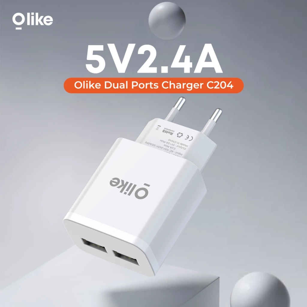 (ECER) OLIKE C204 KEPALA CHARGER DUAL USB PORT 12W MAX 2.4A BATOK CASAN HP ANDROID IPHONE TRAVEL ADA