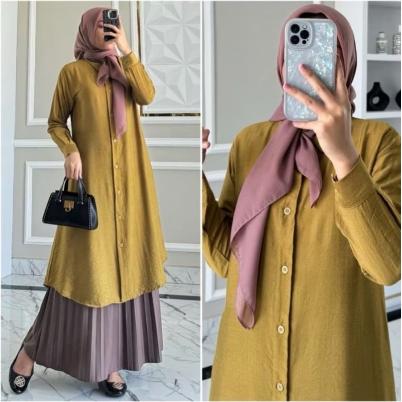 atasan tunik polos wanita full kancing depan semi gamis wanita tunik suxexo terbaru 2025