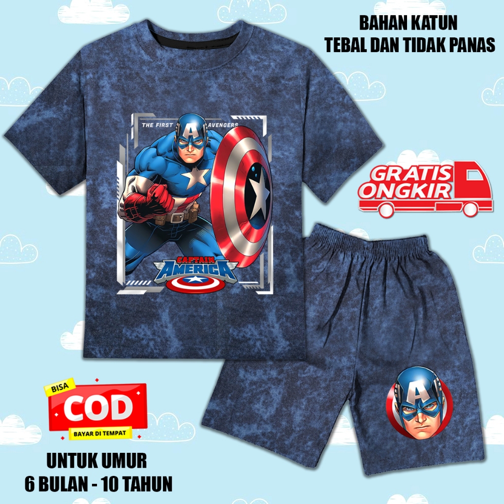 Setelan denim jeans printing lengan pendek anak laki laki perempuan set kaos anak evos captain ameri