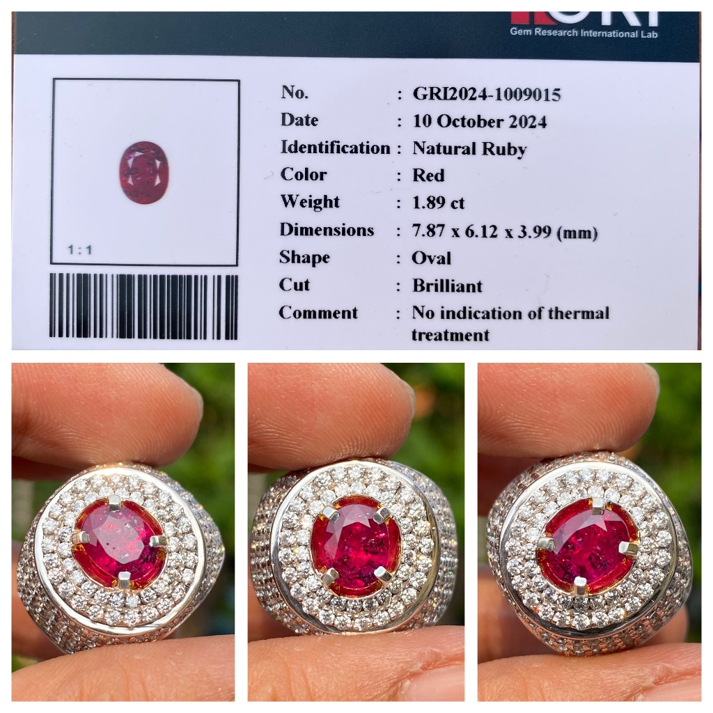 Natural 1.89ct red ruby no heat memo gri microsetting