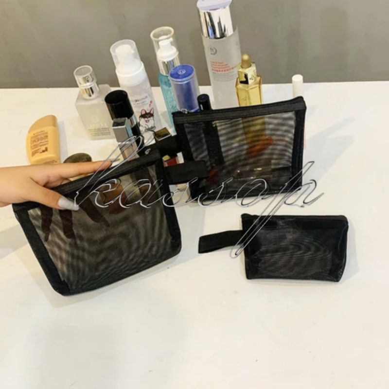 NEW TAS KOSMETIK jaring transparan pouch makeup stail persegitiga tas makeup portebel wanita dan pri