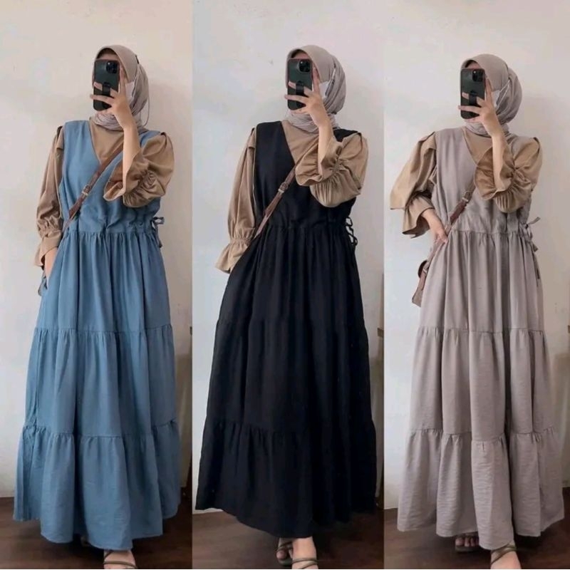 Gamis Serut Pinggang Megumi Overall Crinkle Airflow Wanita | Gamis Muslim Panjang Megumi Overall Max