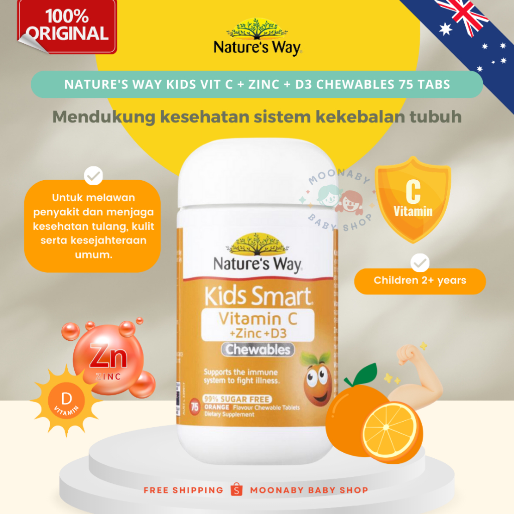 Exp 01/2026 Nature's Natures Way Kids Smart Vit C + Zinc + D3 Chewables 75 Tablets Untuk anak 2+ tah