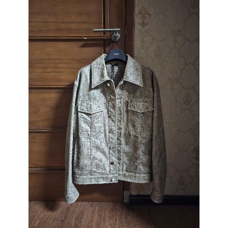 Jacket Denim Beige Fendi Monogram Giubbotto FF Flock