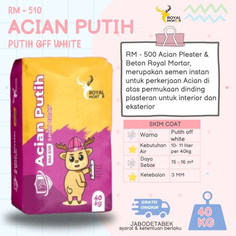 RM 510 | Acian Putih / Skim Coat | Royal Mortar | Semen Instan