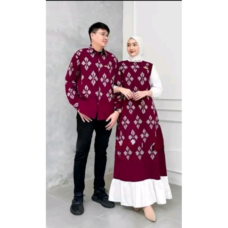 Set Gamis tenun merah maroon kombinasi Dress kondangan simpel kombinasi toyobo Kemeja tenun maroon