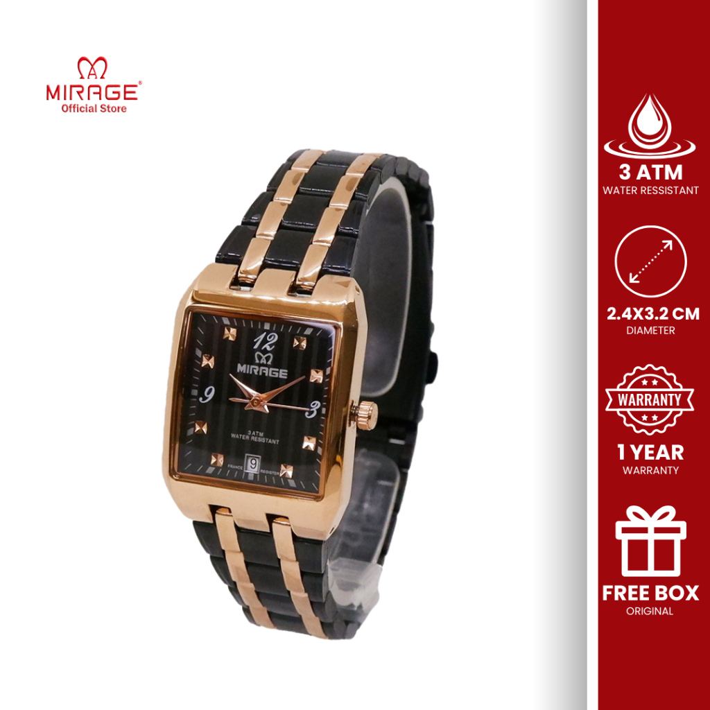 Mirage Jam Tangan Wanita Analog Segi Mewah Original Stainless Hitam List Rosegold 7716 L Bergaransi