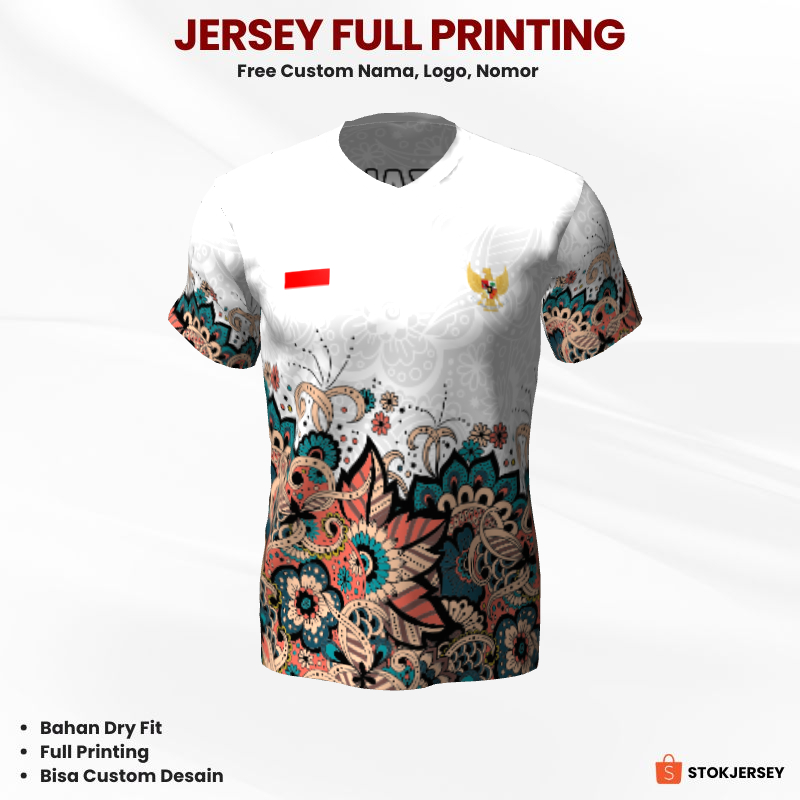 Jersey Futsal Putih Motif Batik 220 - Jersey Olahraga Full Printing Bisa Custom