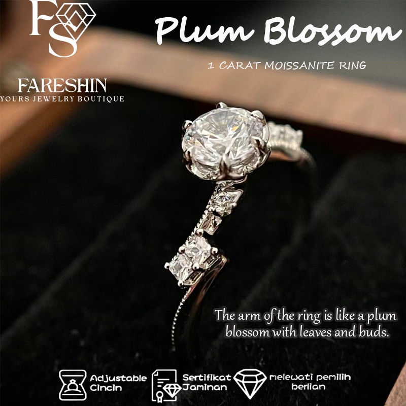 Cincin moissanite Plum Blossom Moissanite cincin tunangan 1.0 Carat Sterling Silver 925 Fareshin