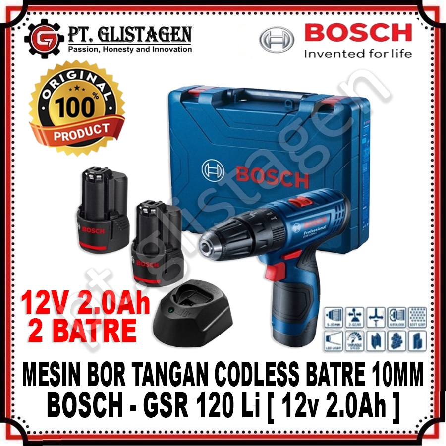 BOSCH GSR 120-Li Mesin Bor Tangan Cordless Baterai Impact Drill 10mm 12v 2Ah 2 Batre Batterai GSR120