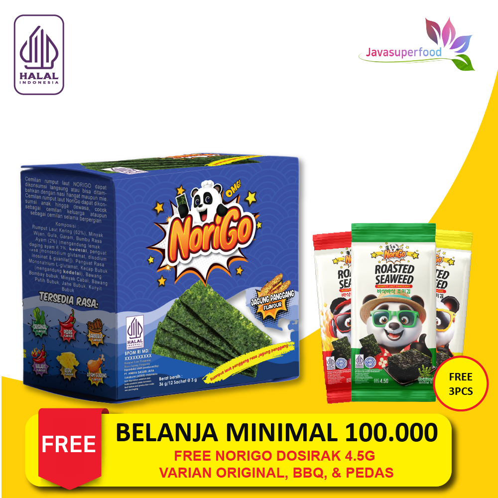 

[Halal] Norigo Jagung Panggang (1 BOX ISI 12 PCS) / Nori Sachet Seaweed Snack 3g Rumput Laut Halal