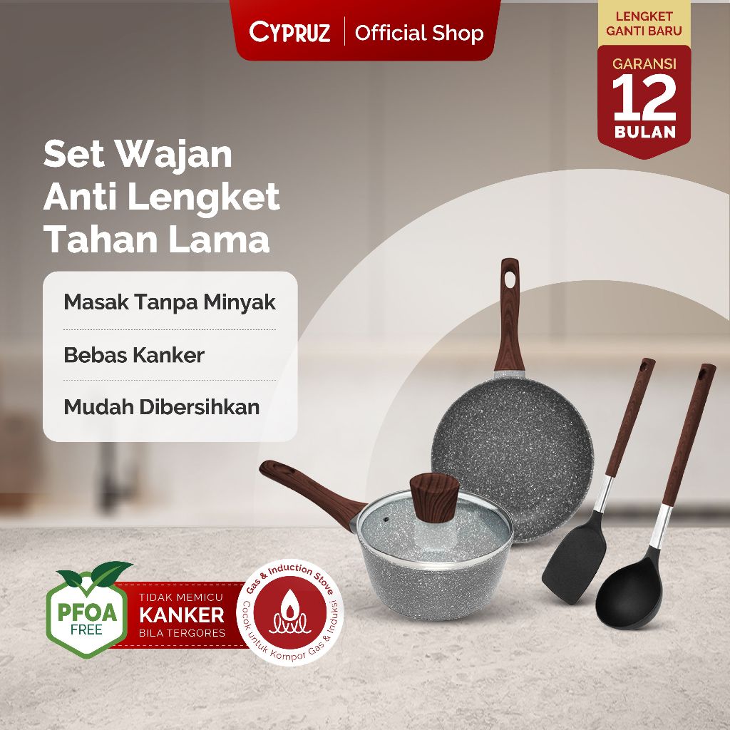 Cypruz Cookware Set Grey Marble Series Panci Set Anti Lengket Premium 5 Pcs