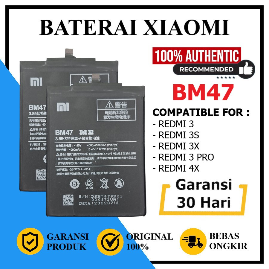 Baterai Xiaomi For Redmi 3 / Redmi 3S  / Redmi 3X / Redmi 3 Pro / Redmi 4X BM47 Original ME