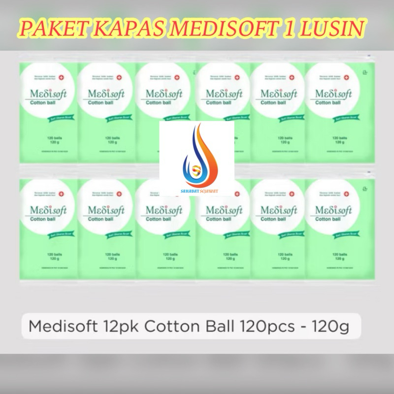 PAKET KAPAS BOLA MEDISOFT 120 Gram WARNA HIJAU PER LUSIN ISI 12 pak.