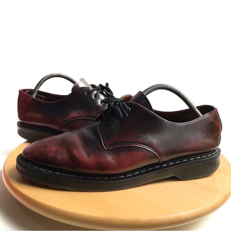 Vintage 80s Nps Solovair 3 Eye 1461 Oxblood burgundy Low Shoes Boots  White Stitch  Made In england 