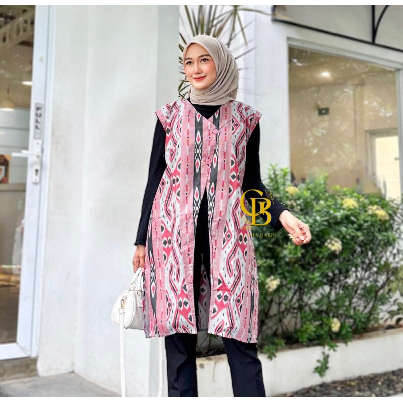 DISKON LONG CARDI BATIK ATASAN WANITA MODERN OUTER PANJANG TANPA LENGAN