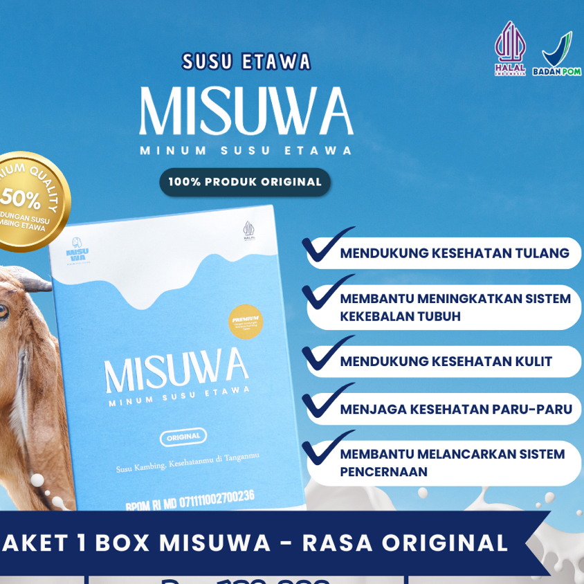 

Susu Kambing Etawa Bubuk Rasa ORIGINAL 200GR Menjaga Kesehatan Tulang Sendi Pernafasan Kesehatan Kulit Sistem Pencernaan | MISUWA