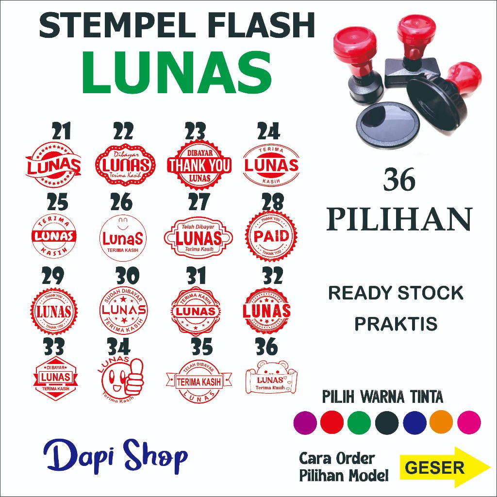 

STEMPEL FLASH LUNAS READY STOK STEMPEL OTOMATIS WARNA PAID LUNAS TUNAI MURAH CAP LUNAS