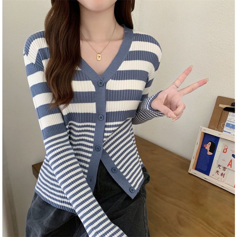 Cardigan Wanita Rajut Stripe Lengan Panjang Cardigan Wanita style korea Cardigan Long Sleeve