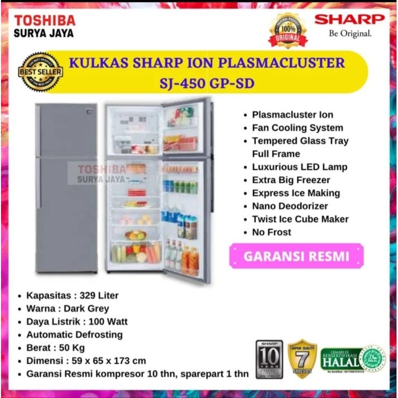 KULKAS SHARP SJ-450GP-SD 2 PINTU PLASMACLUSTER ION