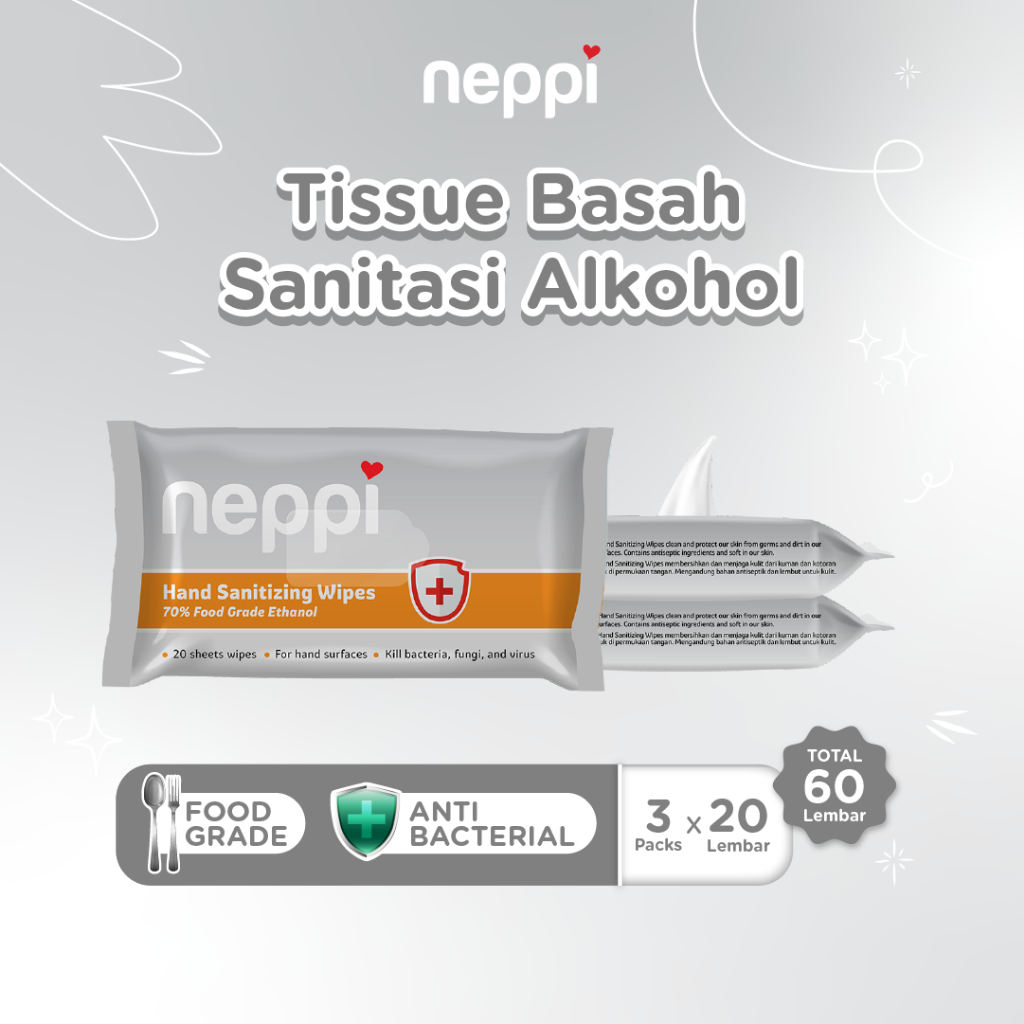 (3 Pcs x 20 Lembar) Neppi Hand Sanitizing Wipes 20s - Tisu Alkohol