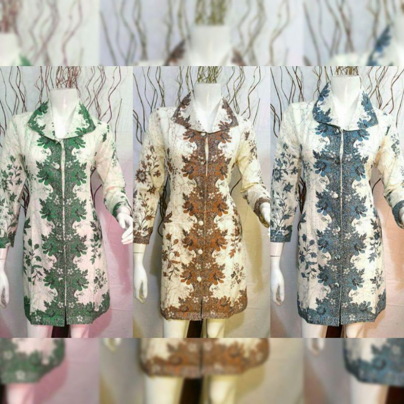 Dress Batik Wanita Modern Baju Batik Kantor Guru PNS Karyawan Ready Seragaman Model Kancing Depan Bu