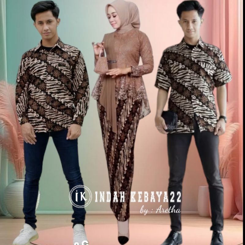 Couple Kebaya Aurora Selendang Brokat Tile Modern Pasangan Kemeja Batik Pria Katun Lengan Panjang Da