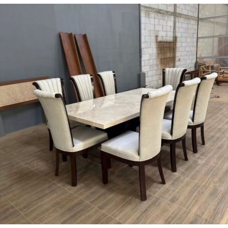 Meja Makan Jati Minimalis Top Marmer Set Meja Makan 8 Kursi Dining Set K8 Mewah