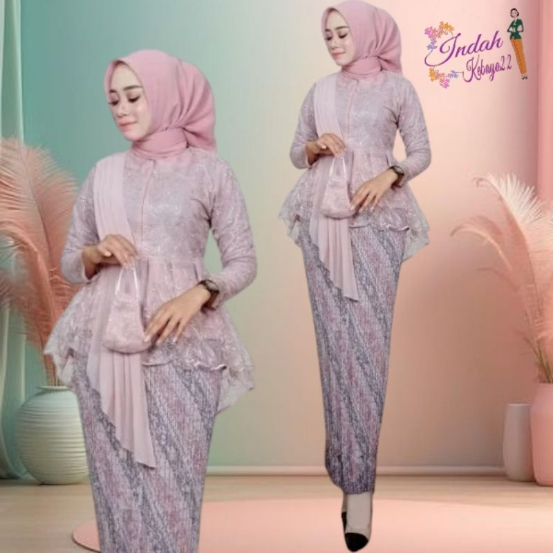 Setelan Kebaya Aurora Selendang Brokat Tile Bordir Mutiara Atasan Dress Wanita Remaja Kondangan Wisu