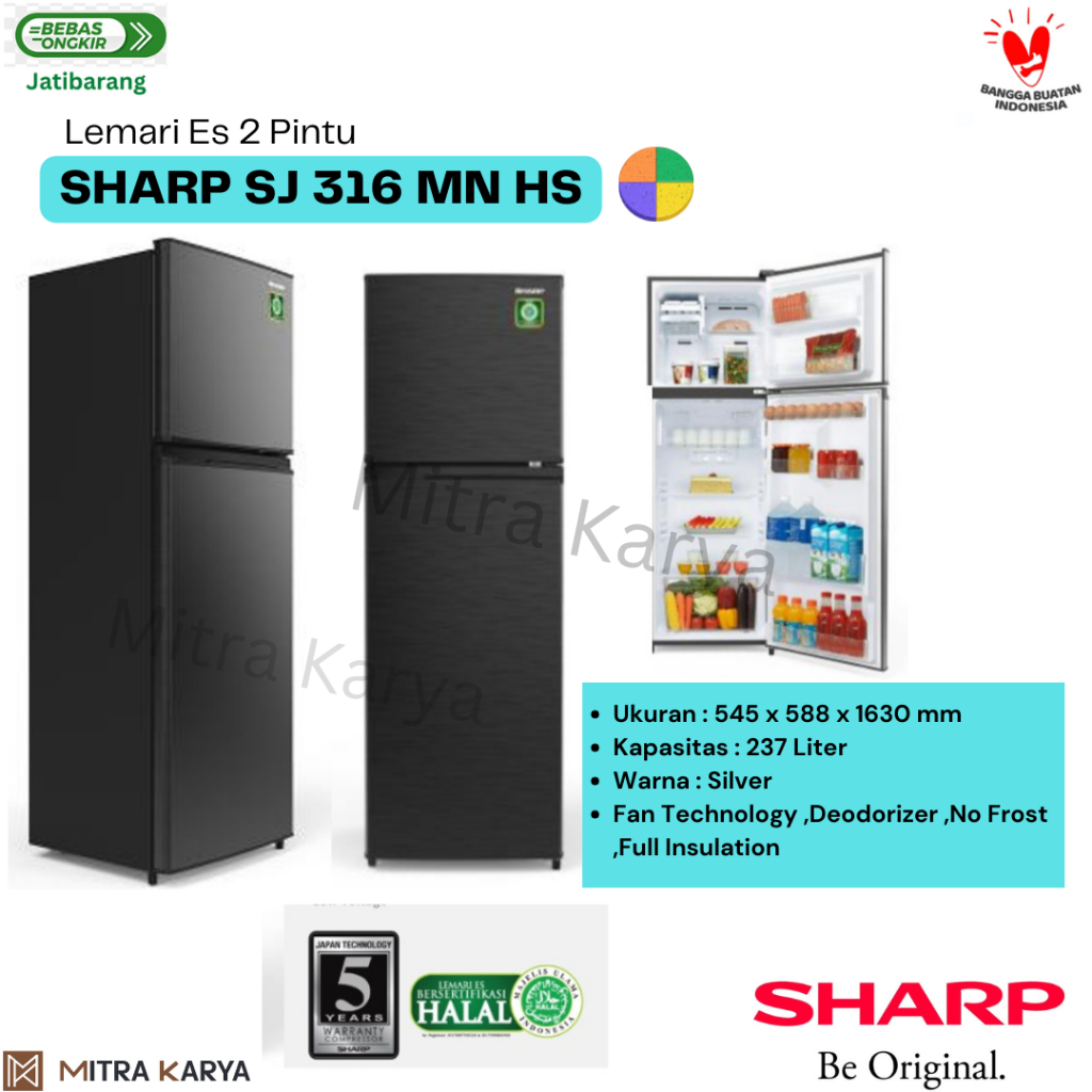 Kulkas Sharp/ Lemari Es 2 Pintu SJ-316 MN HS 237 Liter Jumbo No Frost Indramayu