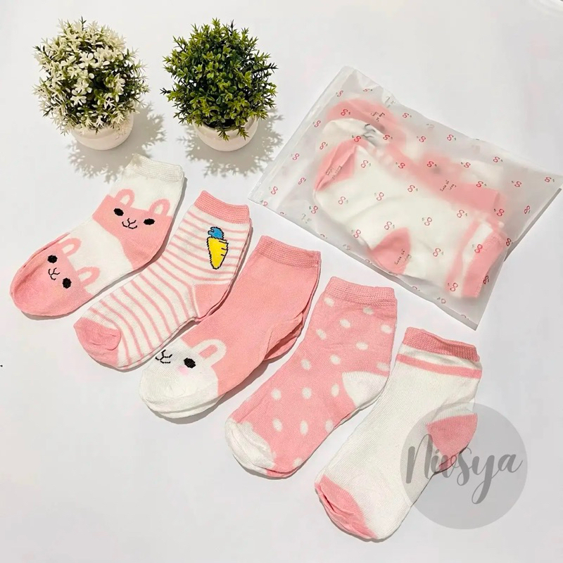Set Kaos Kaki Anak Free Pouch 5 pasang Motif Pink Bunny Anak Kaus Kaki Anak TK SD Lembut Kids Sock