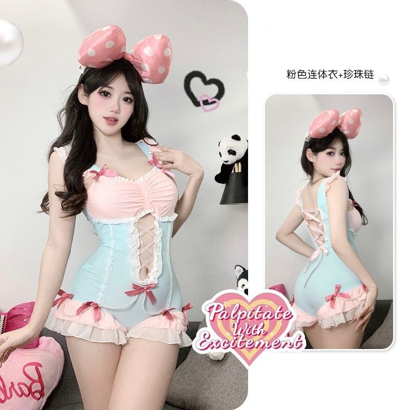 Cute lingerie Lolita uniform bow hollow strap one-piece swimsuit