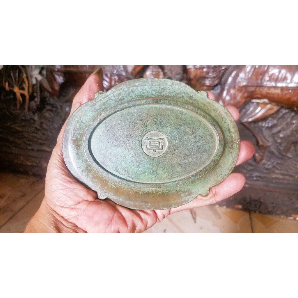 Piring cawan oval perunggu Antik Cina kuno marking Ming dynasty Feng Shui diukir indah Naga dan buru