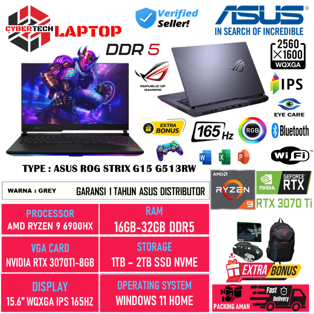 Laptop Gaming ASUS ROG STRIX G513RW AMD Ryzen 9 6900HX 32GB DDR5 2TB SSD 15.6 Inch 165Hz Win 11 Home