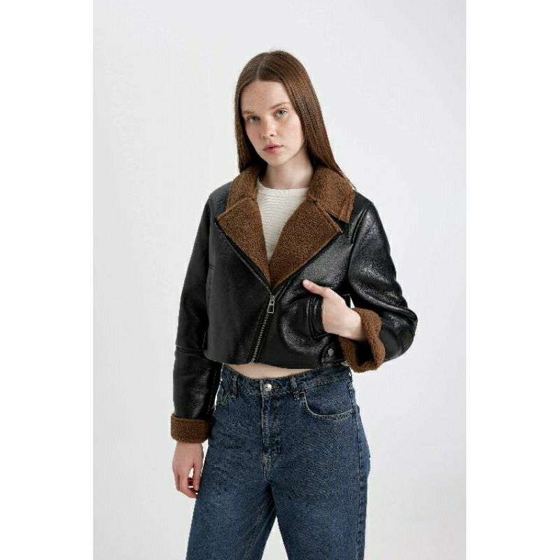 (WITH TAG) H&M BIKER JACKET LEATHER CROP SHERPA POCKET OUTER WINTER JAKET ZIPPER KULIT ORIGINAL STOR