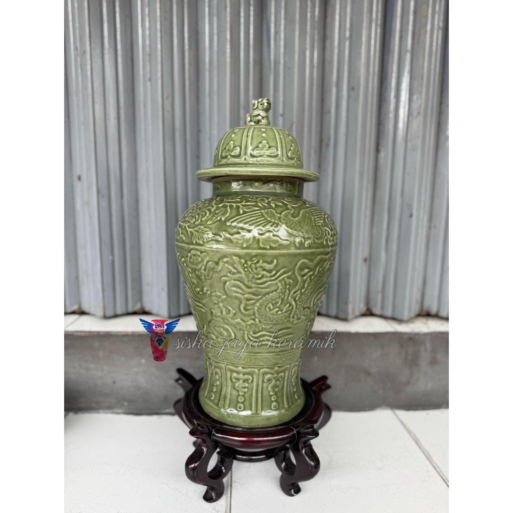 guci pajangan hias keramik porselen antik import tochin foo dog celadon hijau timbul