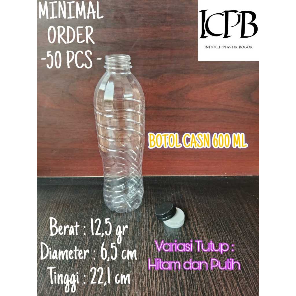 Botol CASN 600 ml Clear PET / Botol Plastik / Botol Minum, Tutup SN Warna Putih dan Hitam Segel