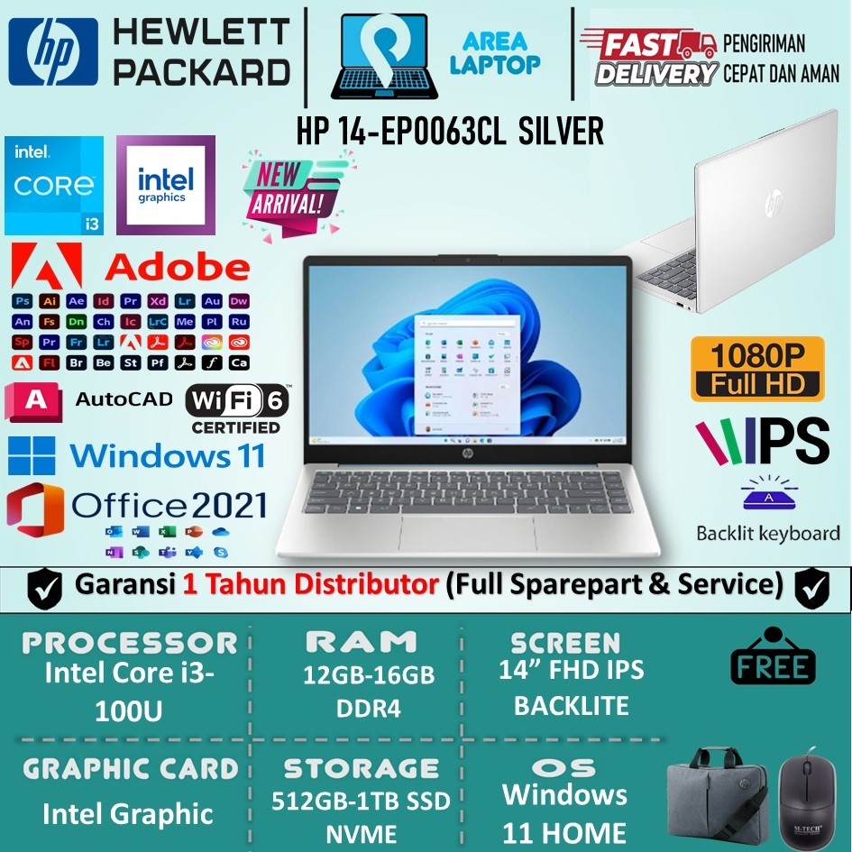 Laptop Slim Baru HP 14 Intel Core i3 100U Ram 16GB 1TB SSD FHD IPS Backlite Win11 Home