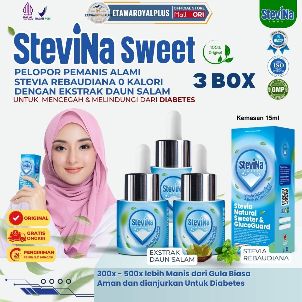 

Stevina Sweet Stevia Alami 0 Kalori Plus Herbal Daun Salam Untuk Mendukung Fungsi Insulin 3 Botol 15ml/BOTOL