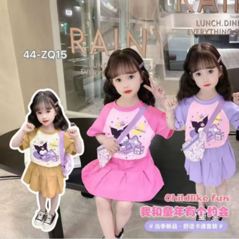 Set Rok Plisket KUROMI Hone Baby Anak Perempuan Import Premium + tas selempang