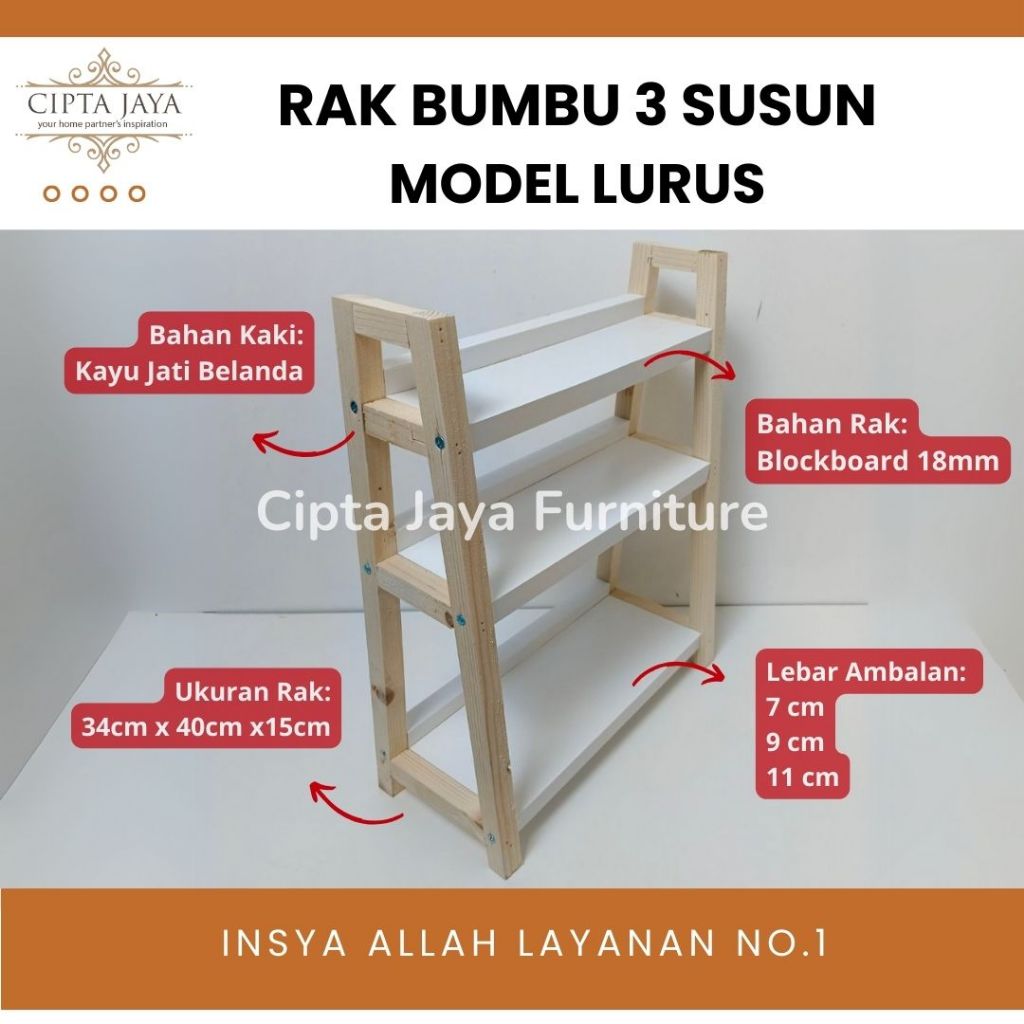 Rak Bumbu Dapur Estetik Kayu Jati Belanda 3 Susun Serbaguna Lurus