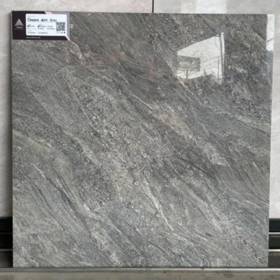 GRANIT LANTAI POLISHED GLAZE ABU TUA MOTIF SERAT ALUR UKURAN 60X60 | ARNA OMKARA DARK GREY