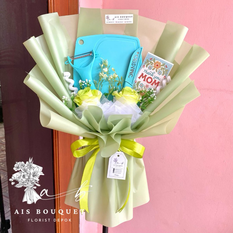 

buket hari ibu || buket pisau set || buket alat dapur || buket bumbu dapur || buket sabun || bouquet mothers day || bucket mother day