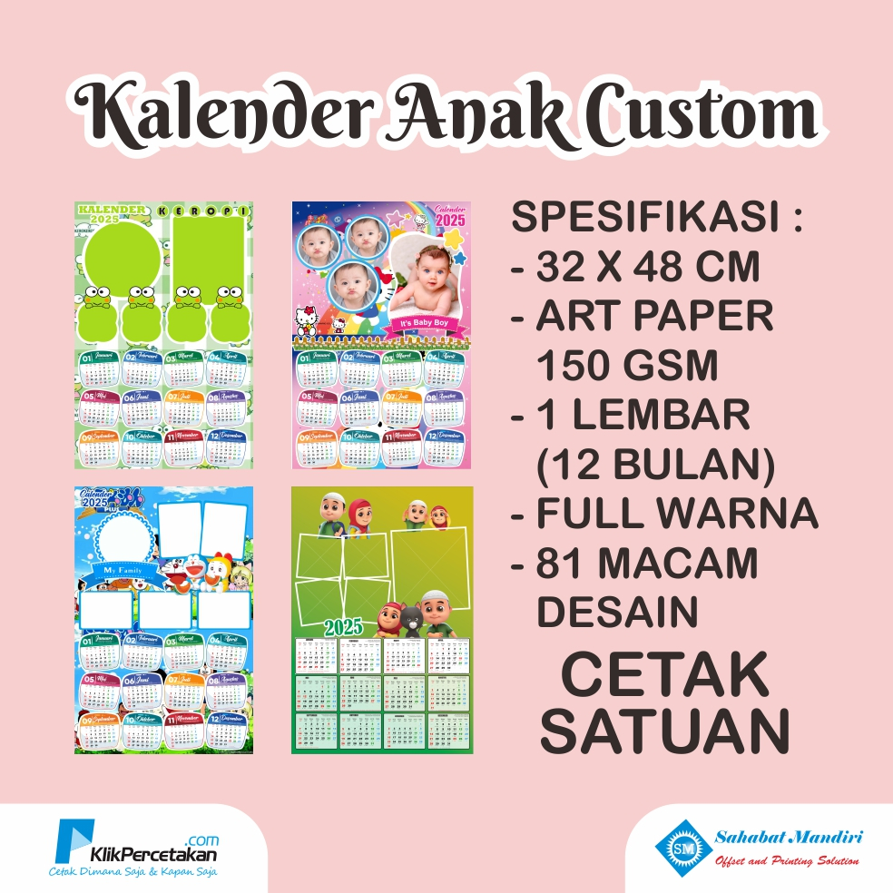 

KALENDER ANAK CUSTOM KARAKTER 2025 | ART PAPER 150 GSM | KALENDER DINDING 2025