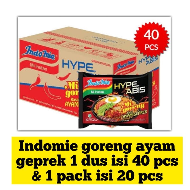 

Indomie ayam geprek 1 dus isi (40 pcs) & 1 pack isi (20 pcs)