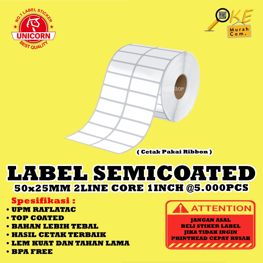 

Stiker Label Barcode Semicoated 50X25mm / 50X25 mm / 50 X 25 mm 2 Line Core 1 Inch